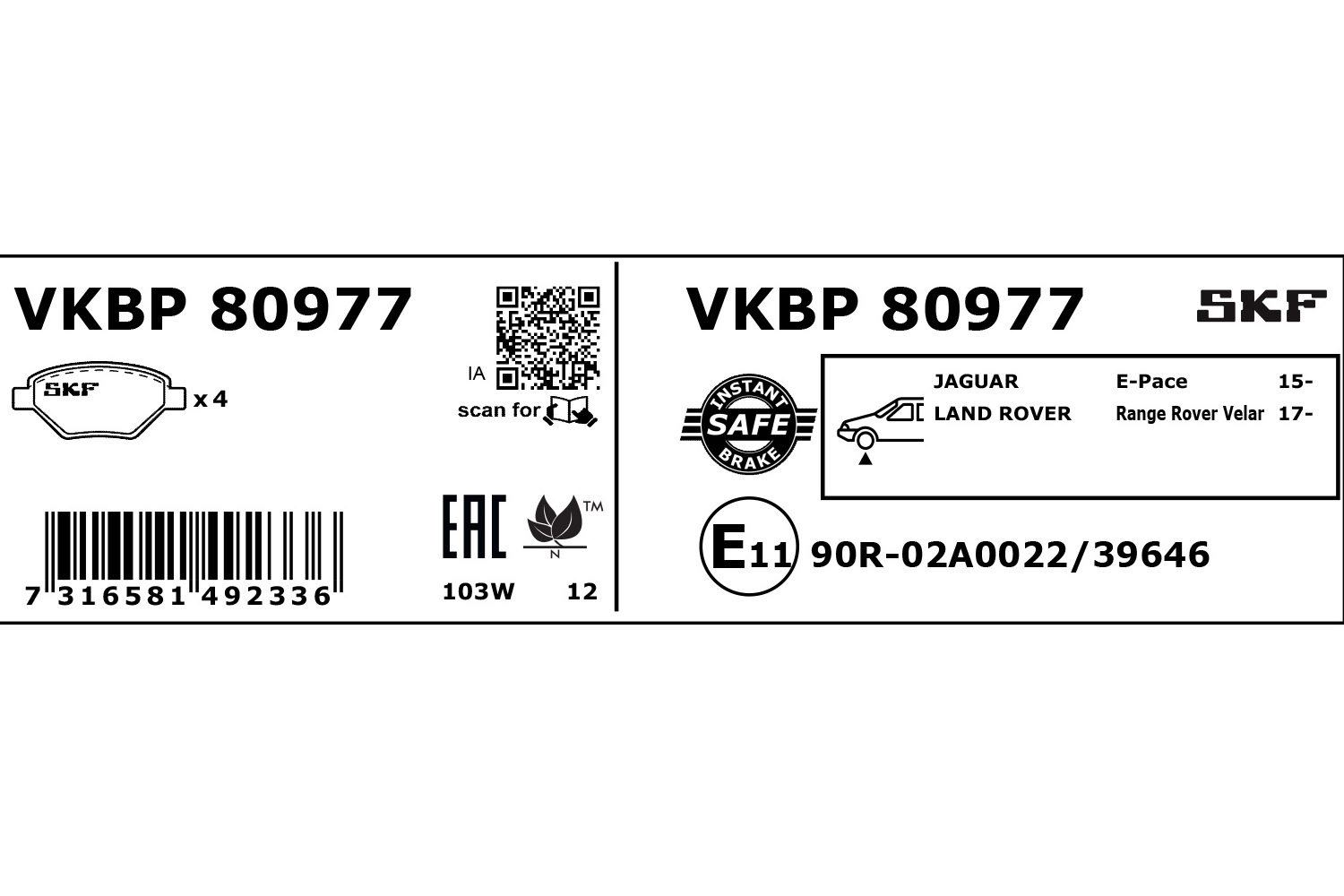 SKF Bremseklodser vkbp80977 for JAGUAR LAND ROVER