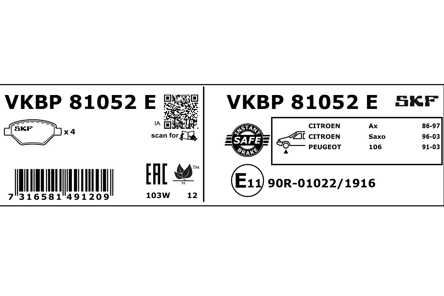 SKF Bremseklodser vkbp81052e for PEUGEOT CITROËN