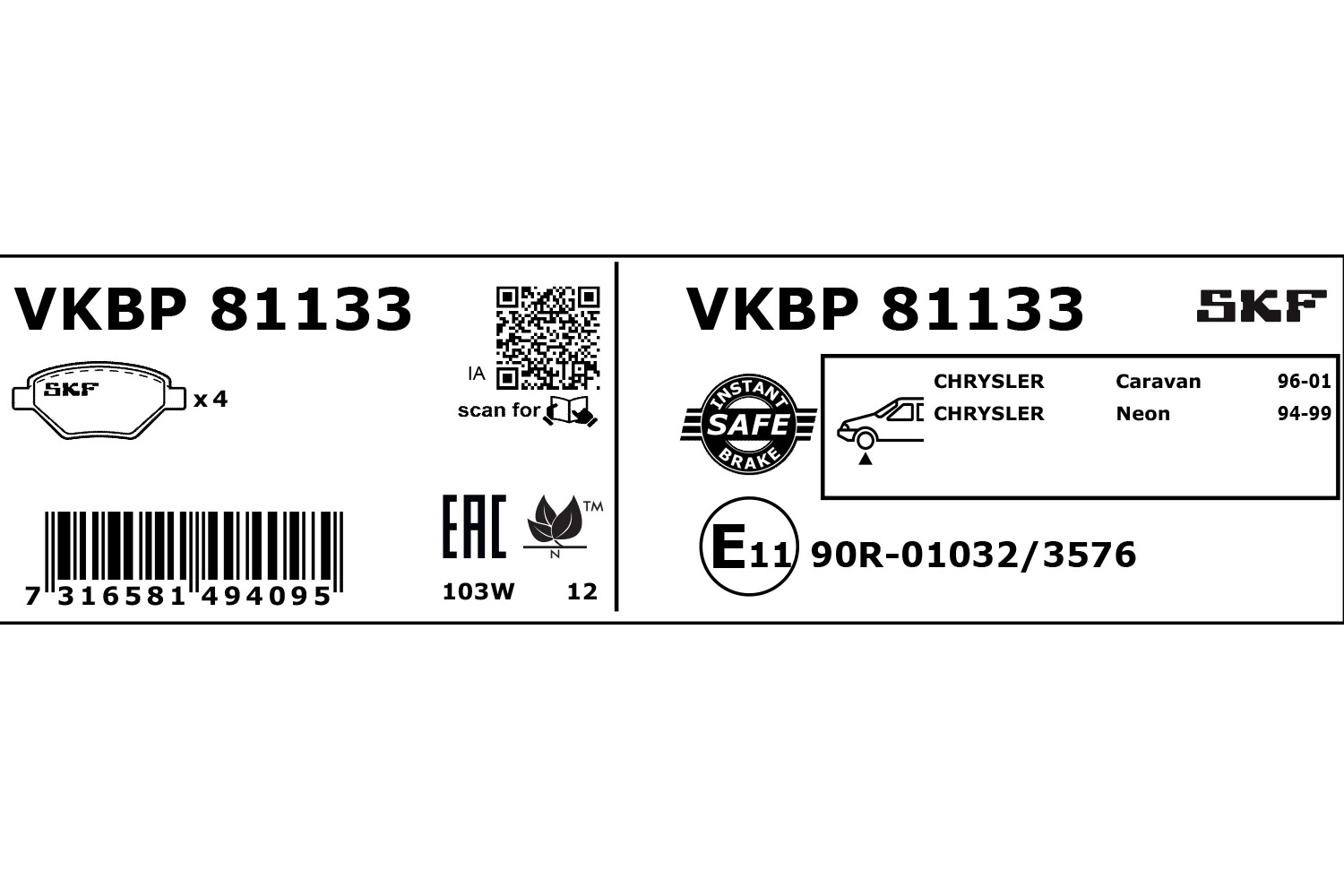 SKF Bremseklodser vkbp81133 for CHRYSLER