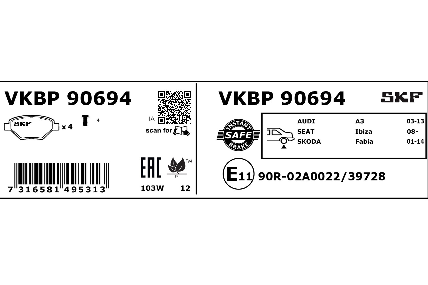 SKF Bremseklodser vkbp90694 for FORD SEAT VW