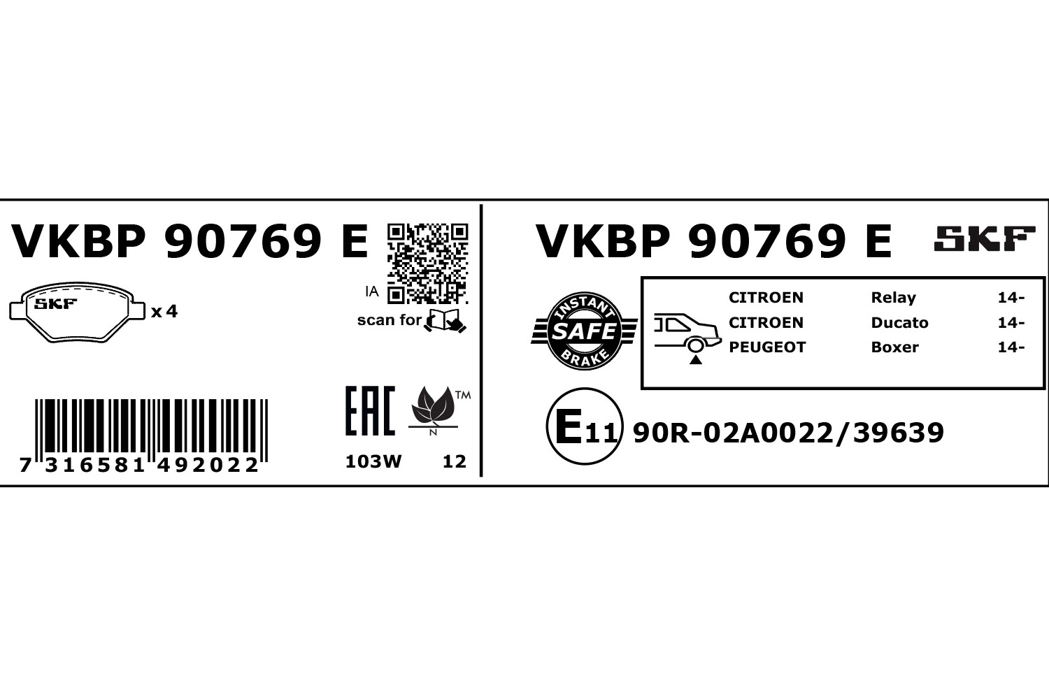 SKF Bremseklodser vkbp90769e for FIAT PEUGEOT