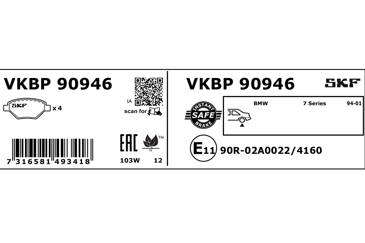 SKF Bremseklodser vkbp90946 for BMW