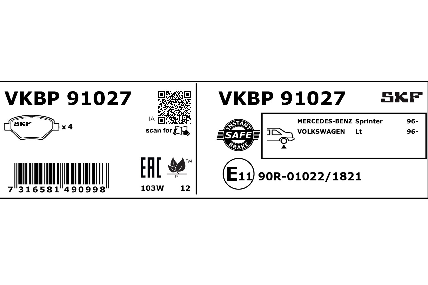 SKF Bremseklodser vkbp91027 for MERCEDES-BENZ PUCH VW