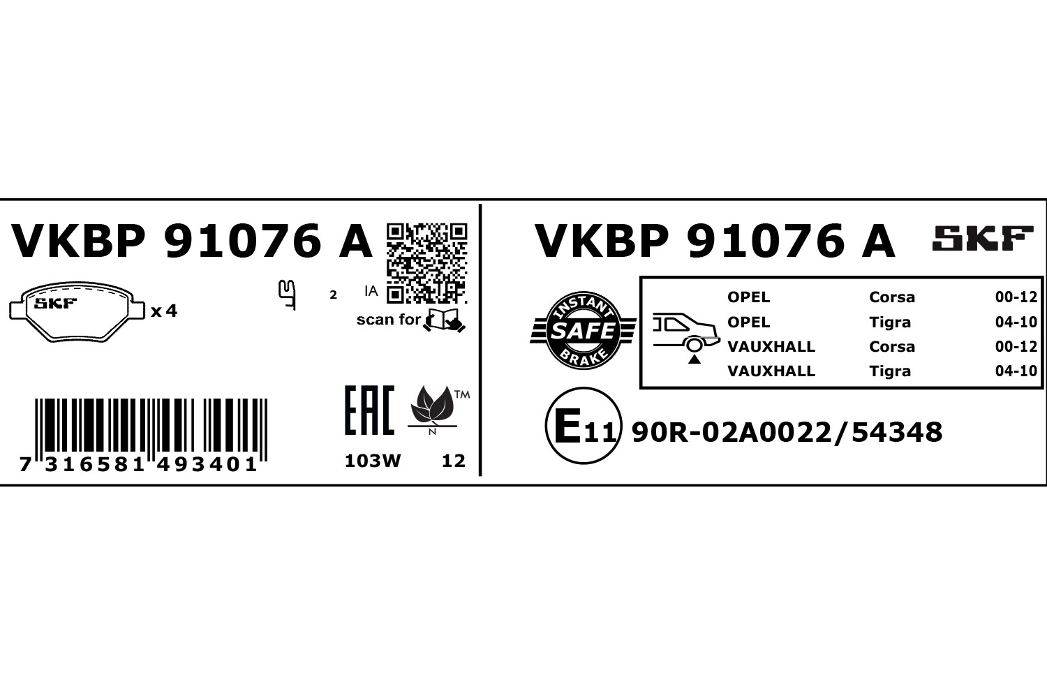 SKF Bremseklodser vkbp91076a for VAUXHALL OPEL