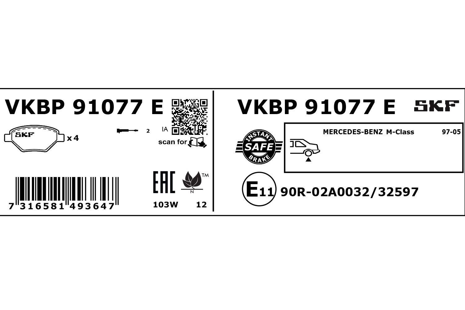 SKF Bremseklodser vkbp91077e for MERCEDES-BENZ