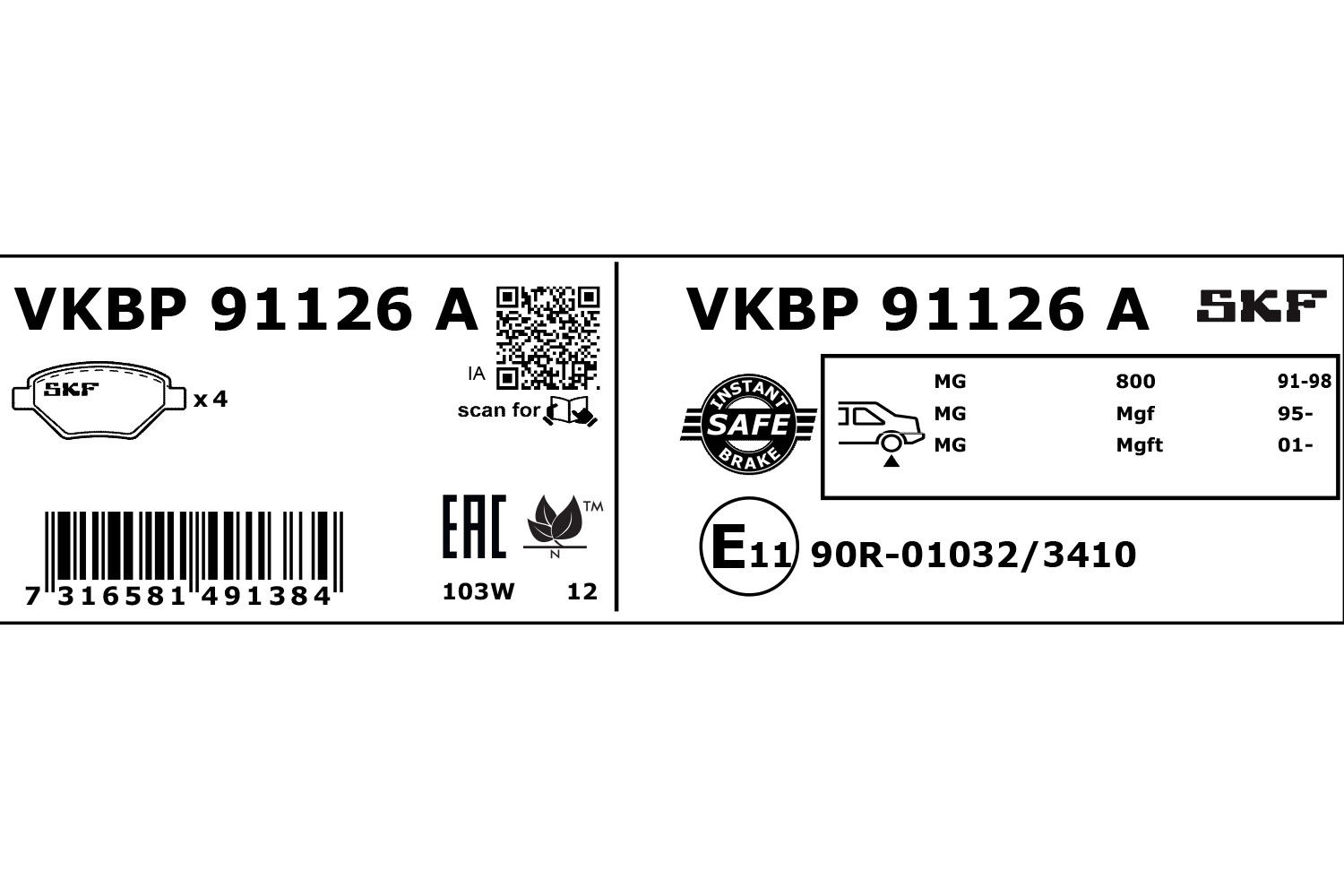 SKF Bremseklodser vkbp91126a for ROVER MG