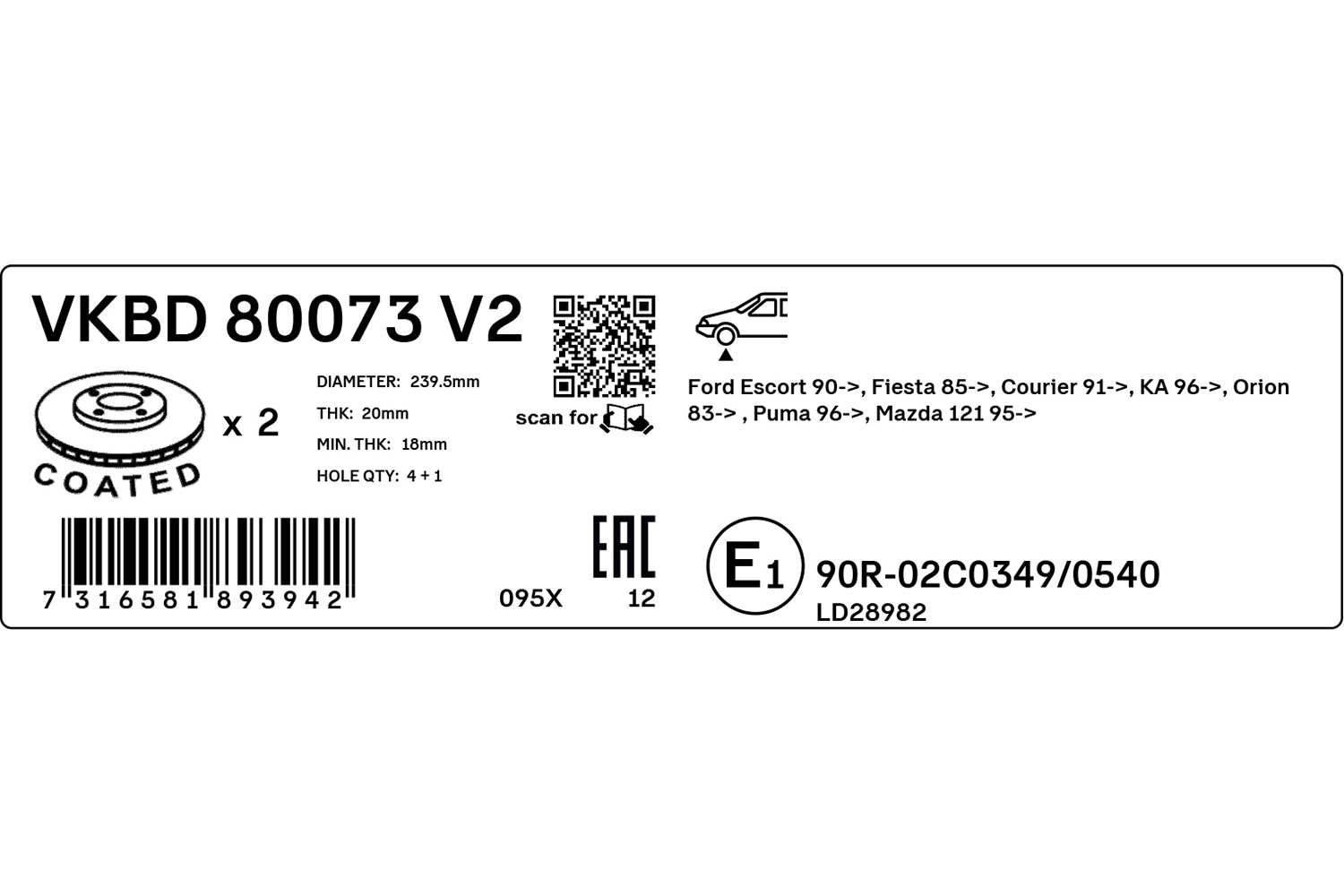 SKF Bremseskive vkbd80073v2 240mm 20mm for FORD