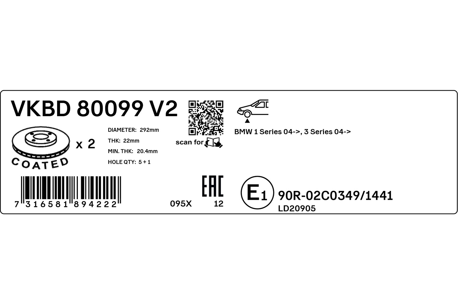 SKF Bremseskive vkbd80099v2 292mm 22mm for BMW