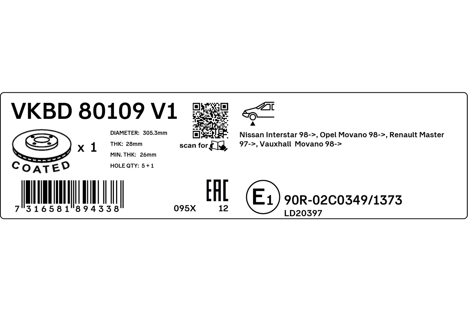 SKF Bremseskive vkbd80109v1 306mm 28mm for VAUXHALL OPEL NISSAN RENAULT