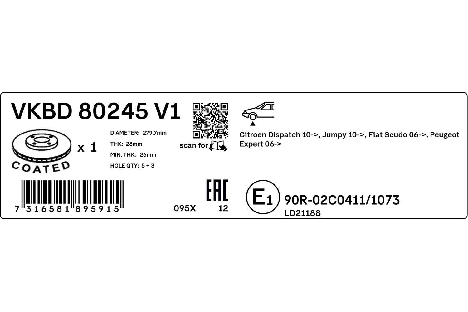 SKF Bremseskive vkbd80245v1 280mm 28mm for PEUGEOT FIAT TOYOTA