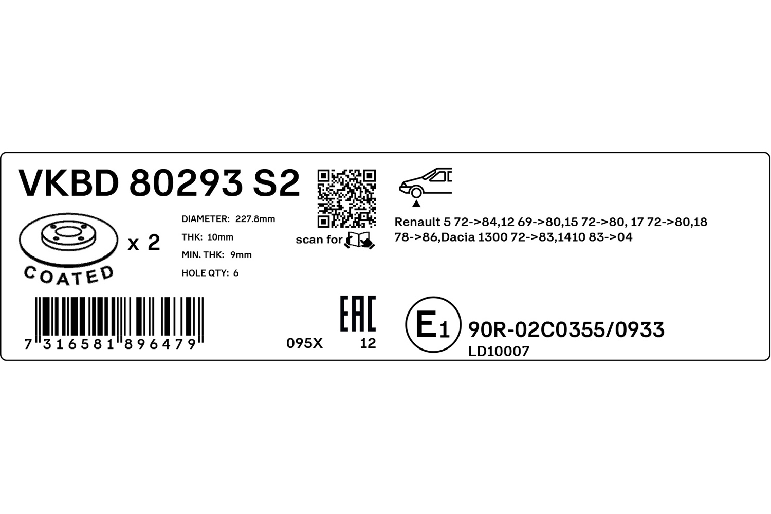 SKF Bremseskive vkbd80293s2 228mm 10mm for DACIA ARO