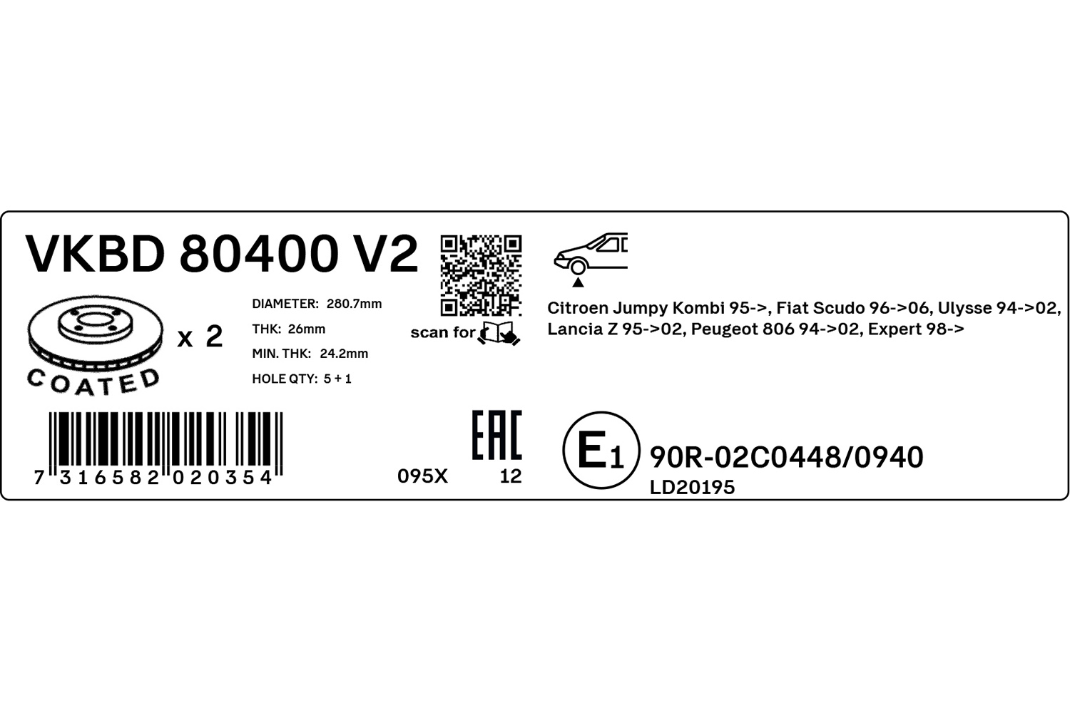 SKF Bremseskive vkbd80400v2 281mm 26mm for FIAT CITROËN LANCIA