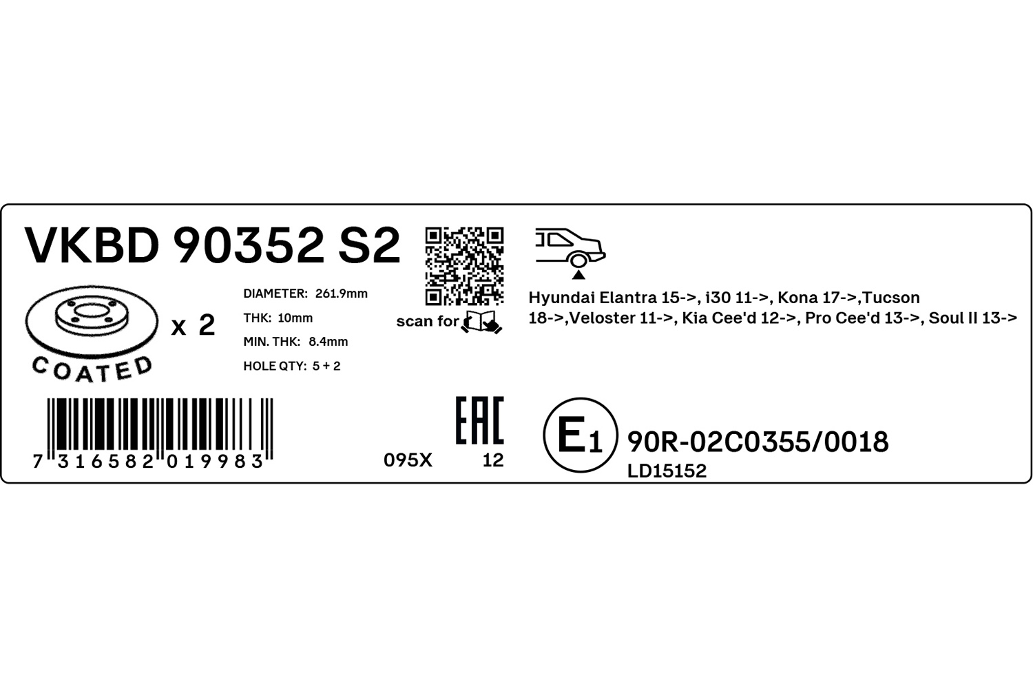 SKF Bremseskive vkbd90352s2 262mm 10mm for KIA HYUNDAI