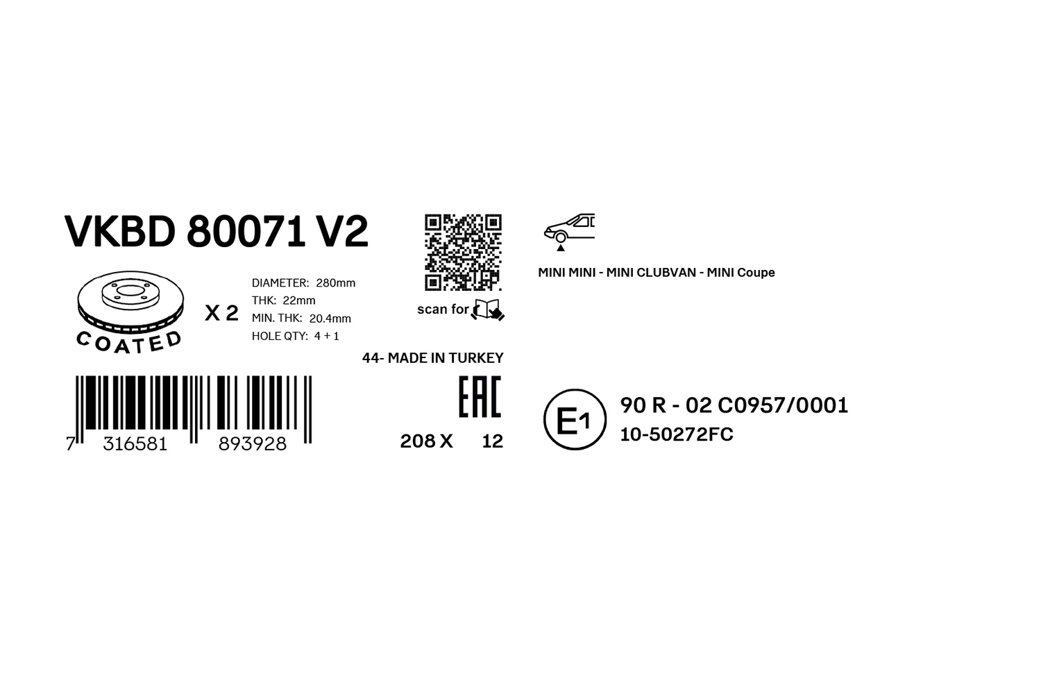 SKF Bremseskive vkbd80071v2 280mm 22mm for MINI