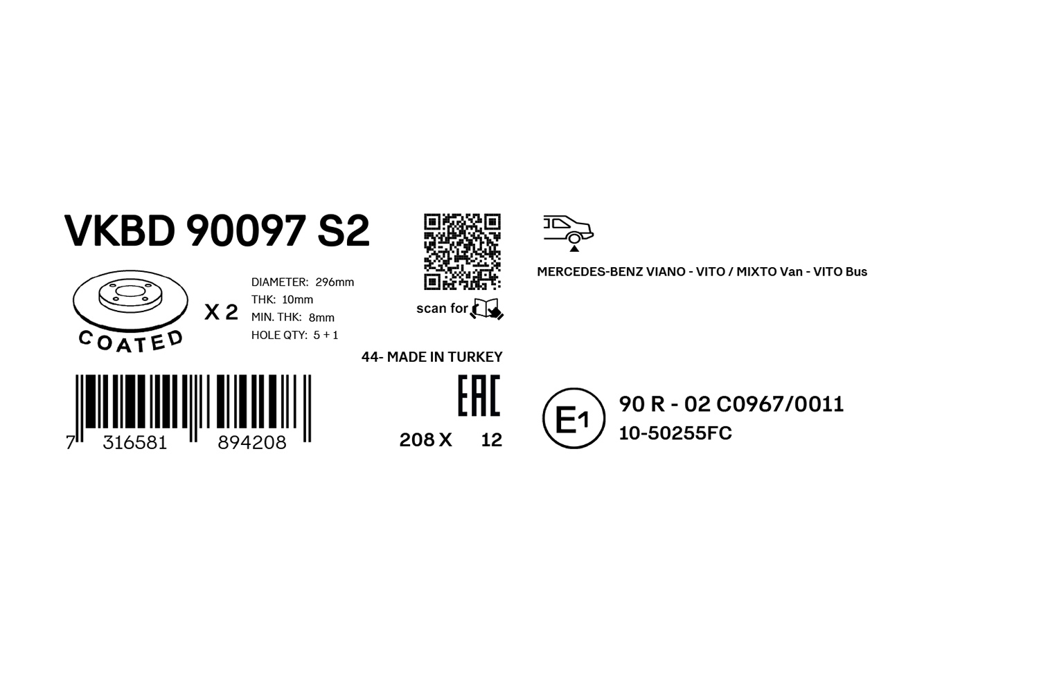 SKF Bremseskive vkbd90097s2 296mm 10mm for MERCEDES-BENZ