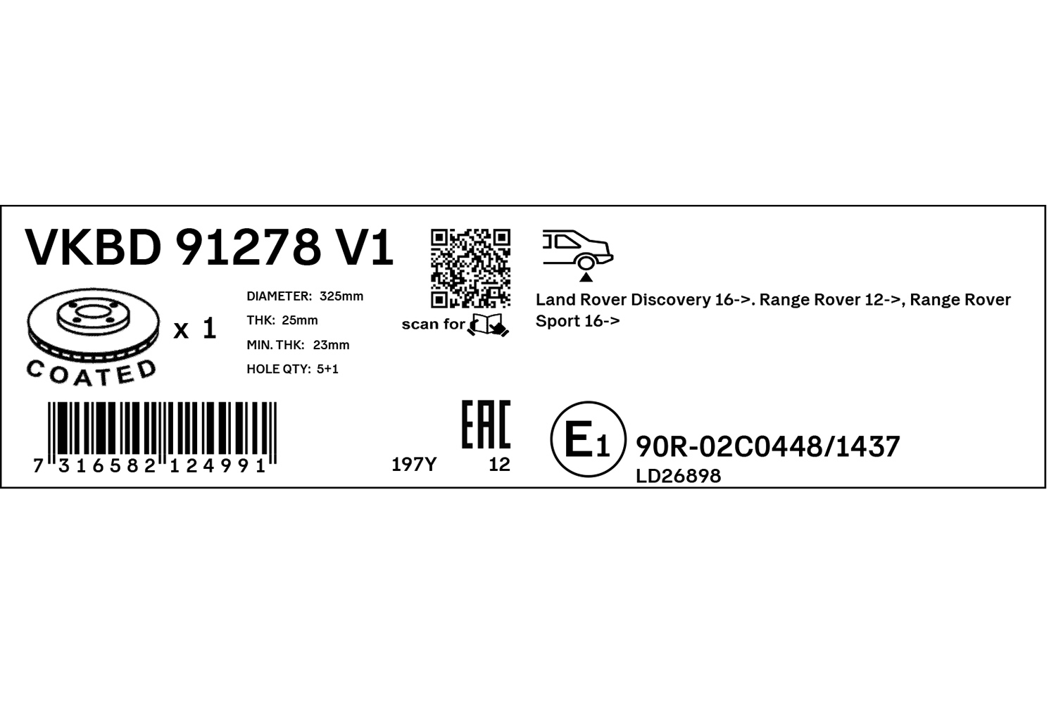 SKF Bremseskive vkbd91278v1 325mm 25mm for LAND ROVER