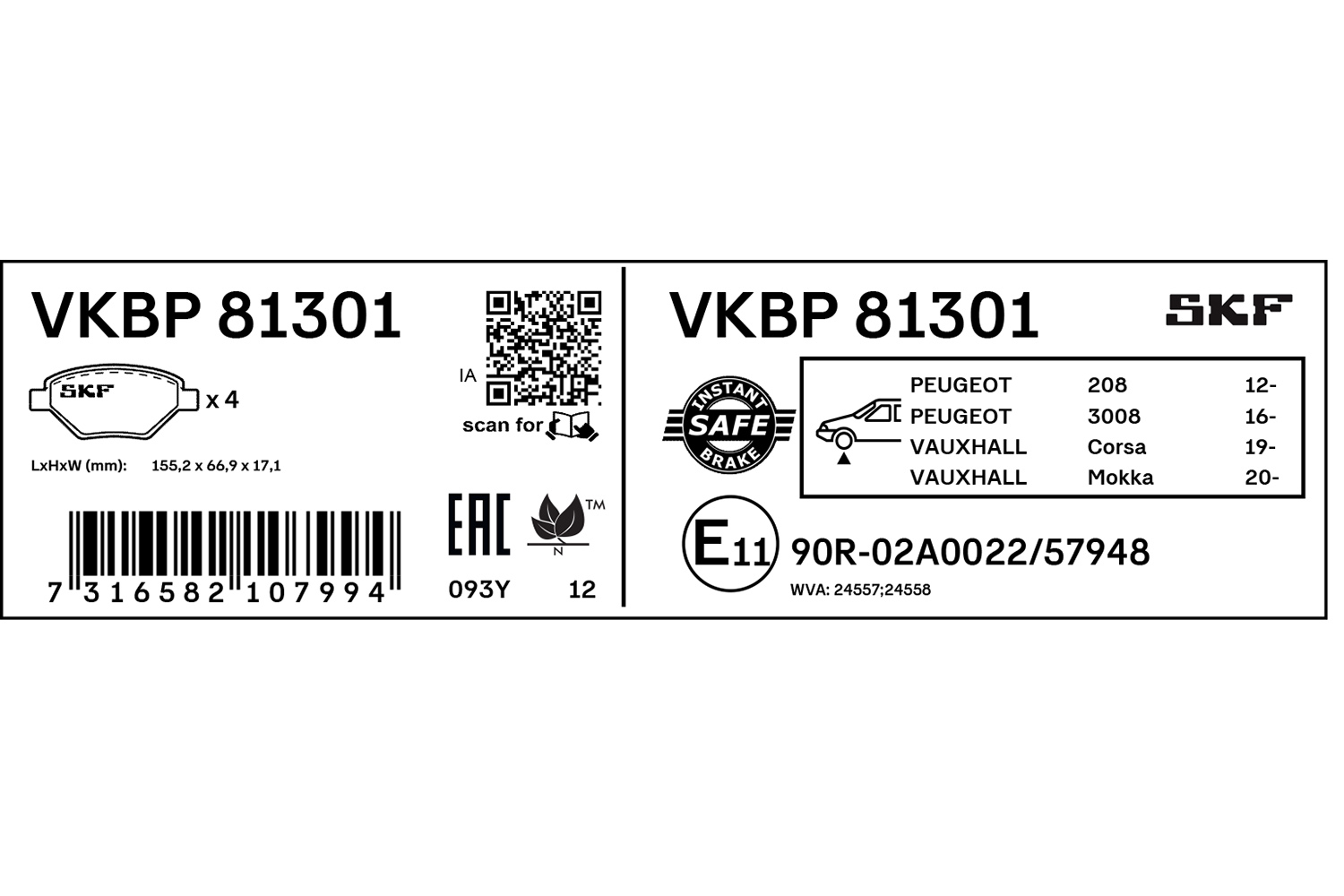 SKF Bremseklodser vkbp81301 for OPEL VAUXHALL
