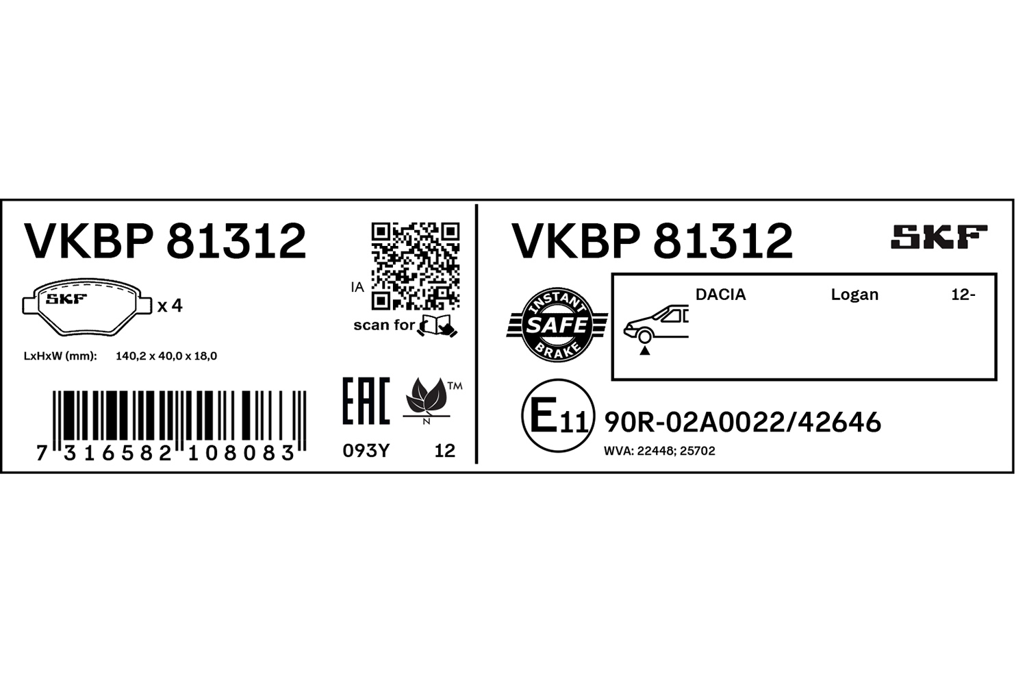 SKF Bremseklodser vkbp81312 for DACIA
