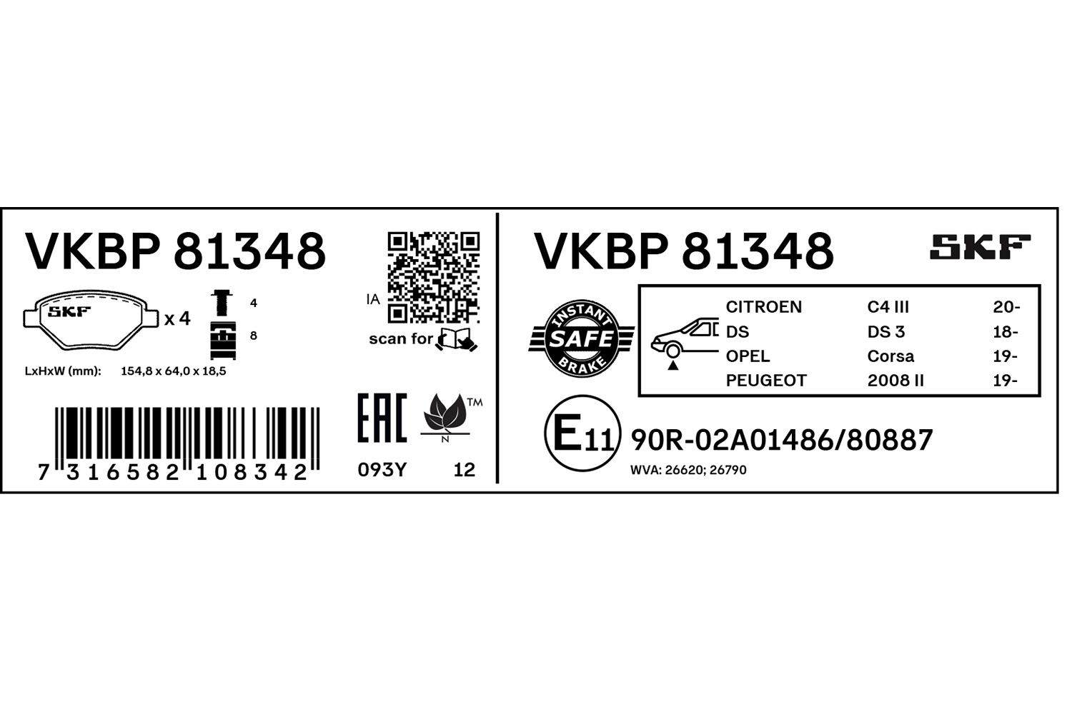 SKF Bremseklodser vkbp81348 for FIAT PEUGEOT