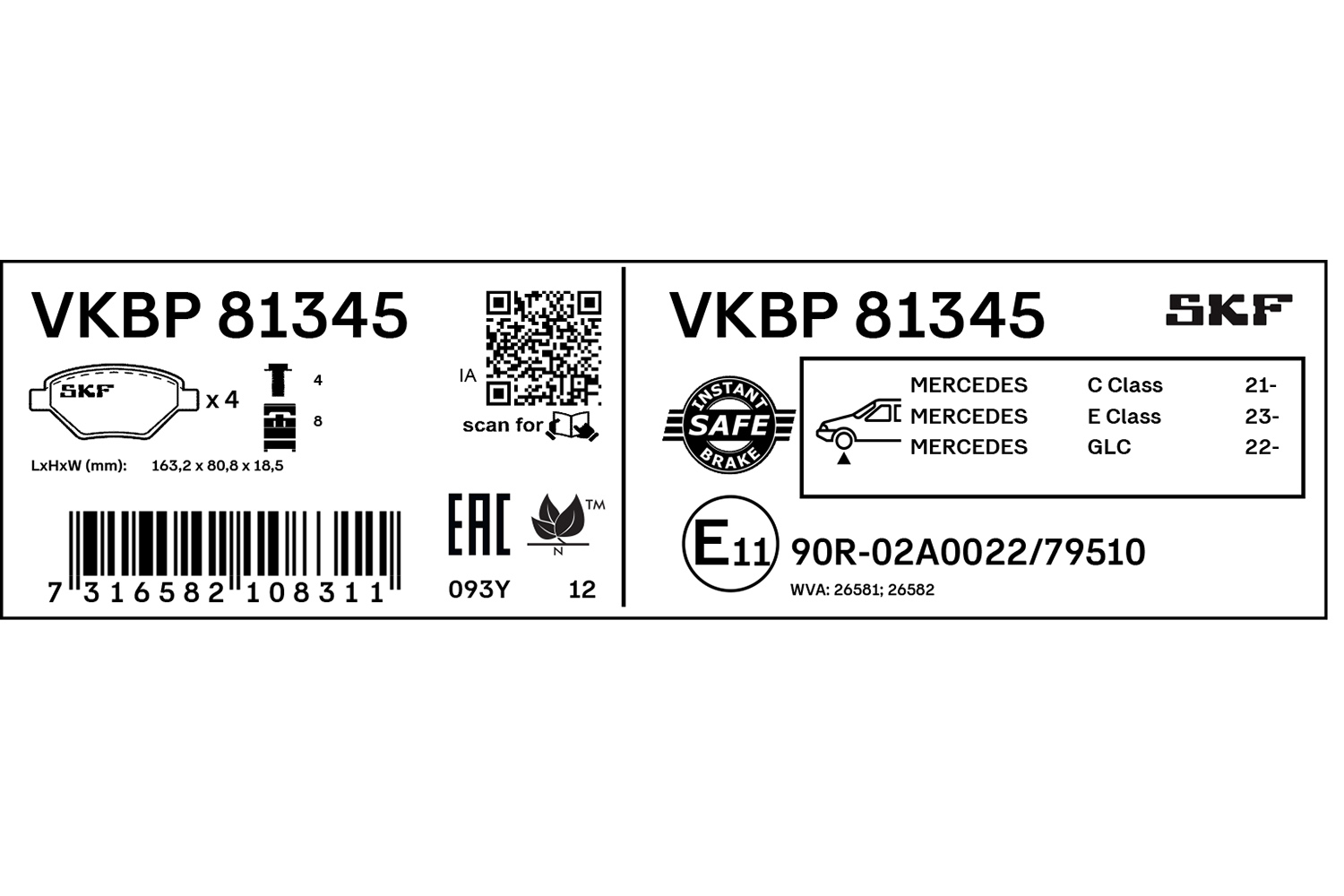 SKF Bremseklodser vkbp81345 for MERCEDES-BENZ