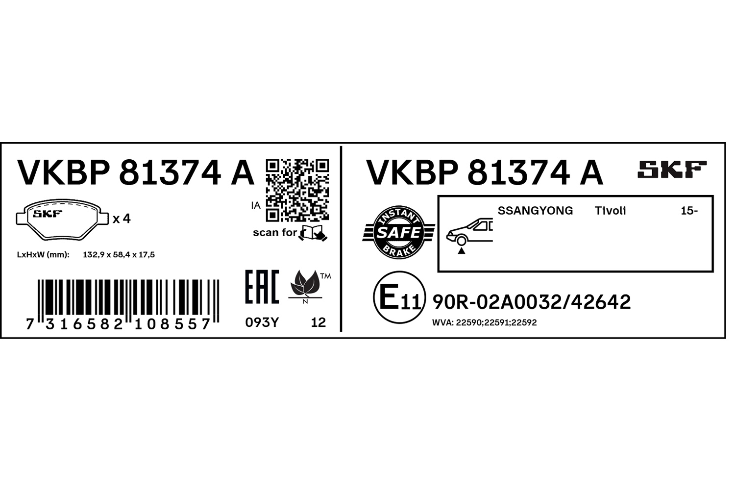 SKF Bremseklodser vkbp81374a for SSANGYONG