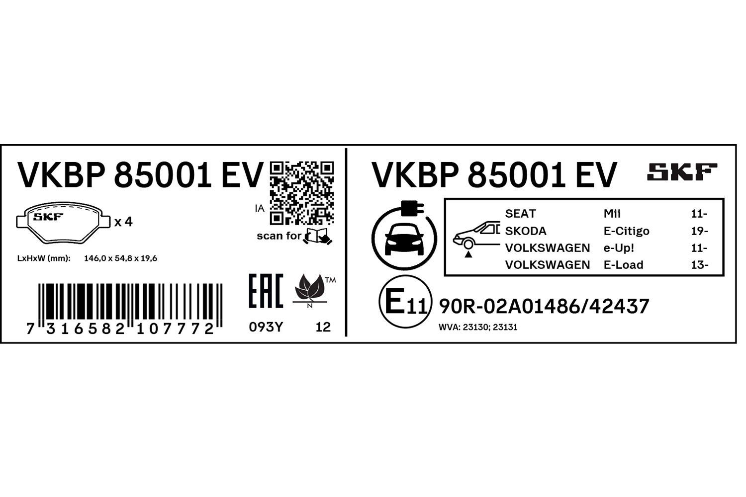 SKF Bremseklodser vkbp85001ev for AUDI SEAT VW SKODA