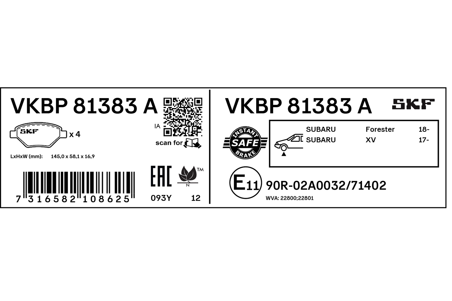 SKF Bremseklodser vkbp81383a for SUBARU