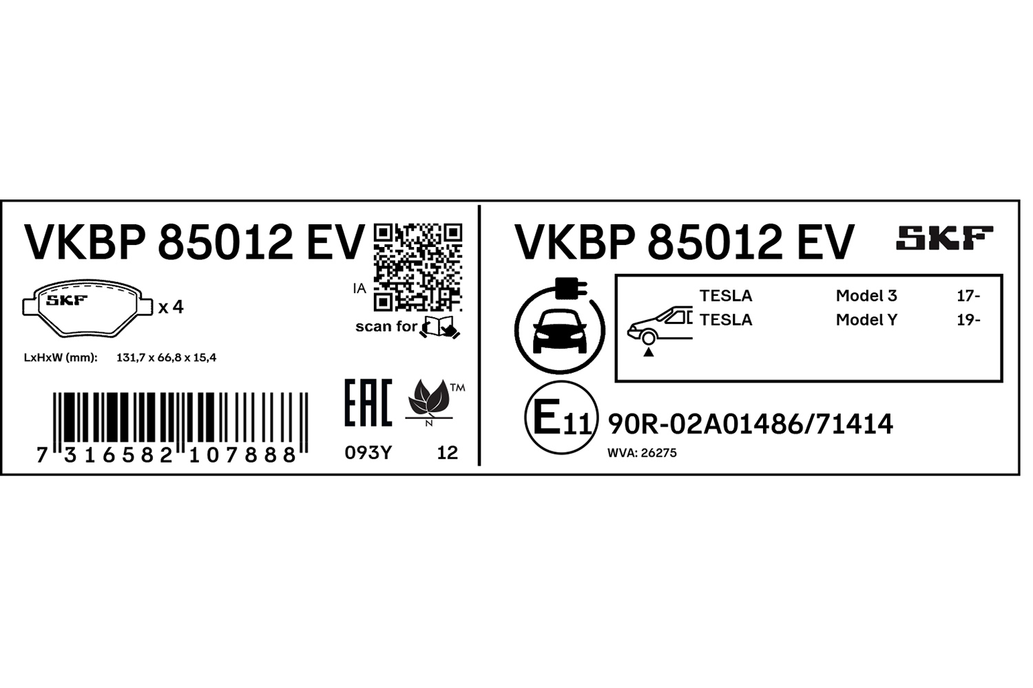 SKF Bremseklodser vkbp85012ev for TESLA
