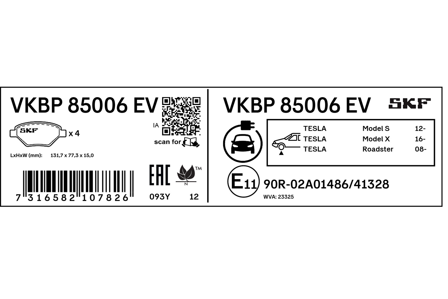 SKF Bremseklodser vkbp85006ev for TESLA