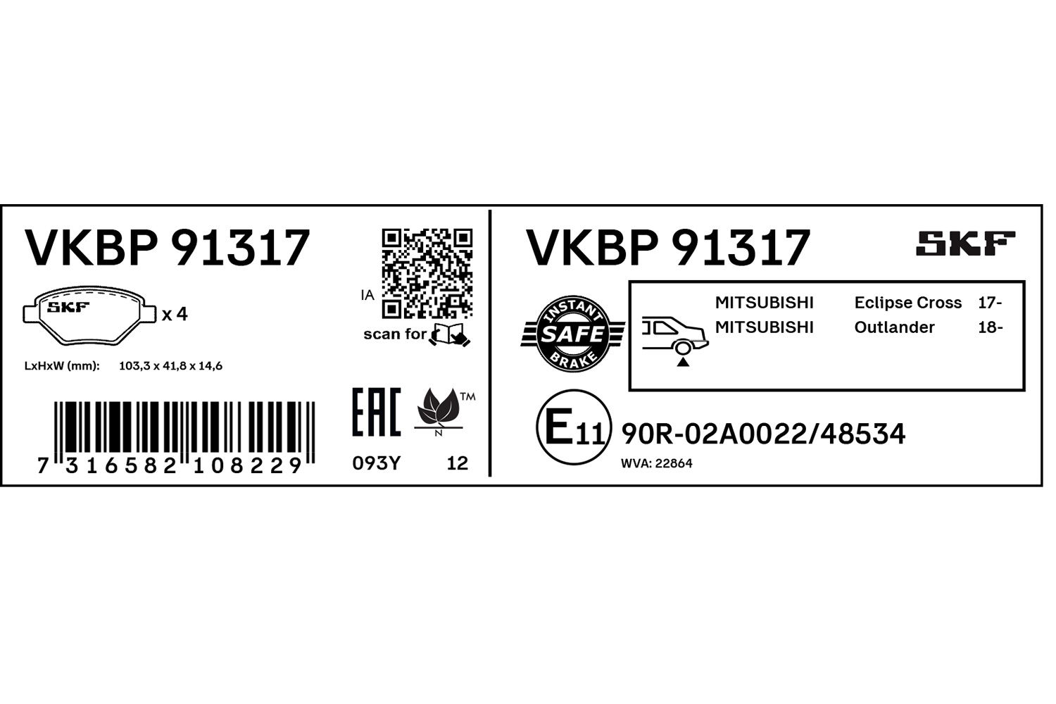 SKF Bremseklodser vkbp91317 for MITSUBISHI