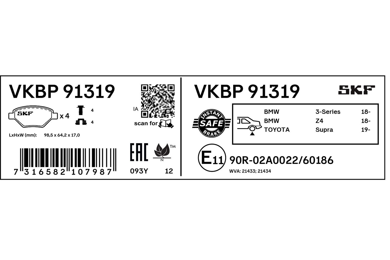 SKF Bremseklodser vkbp91319 for BMW TOYOTA