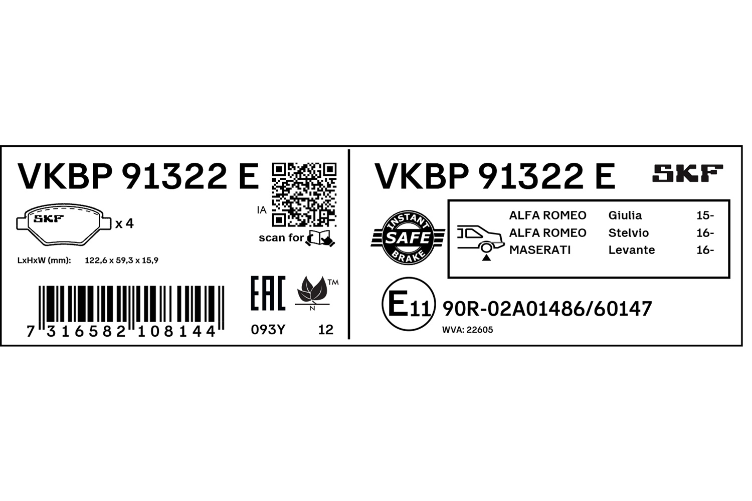 SKF Bremseklodser vkbp91322e for ALFA ROMEO MASERATI