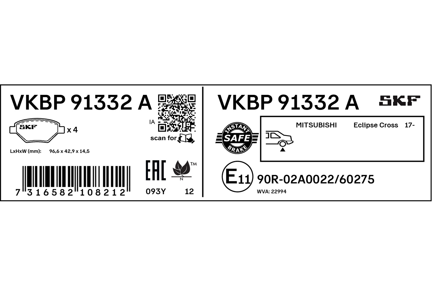 SKF Bremseklodser vkbp91332a for MITSUBISHI