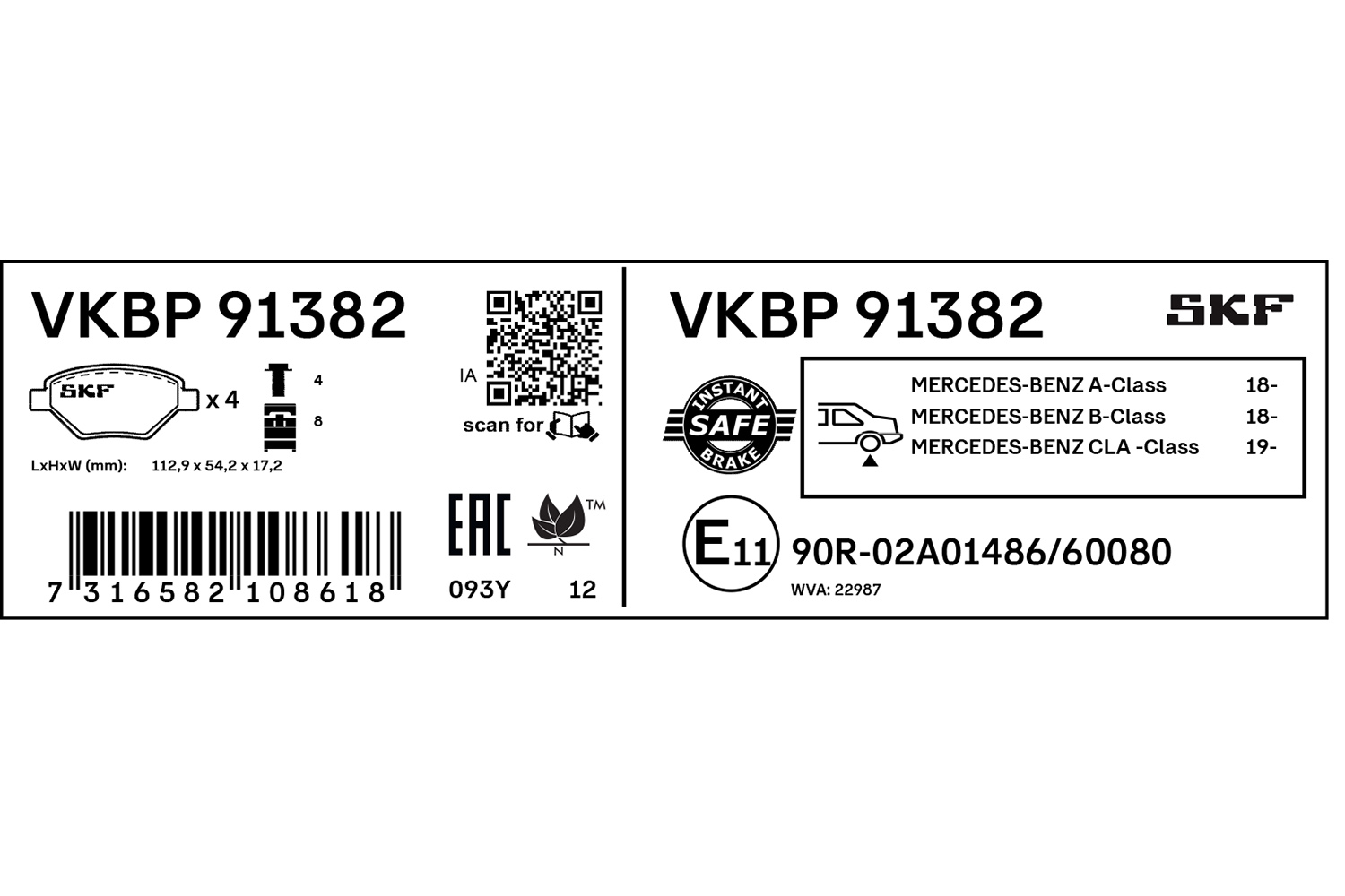SKF Bremseklodser vkbp91382 for MERCEDES-BENZ