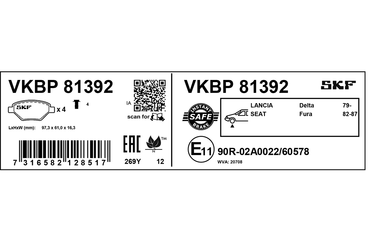 SKF Bremseklodser vkbp81392 for FIAT LANCIA SEAT SUZUKI
