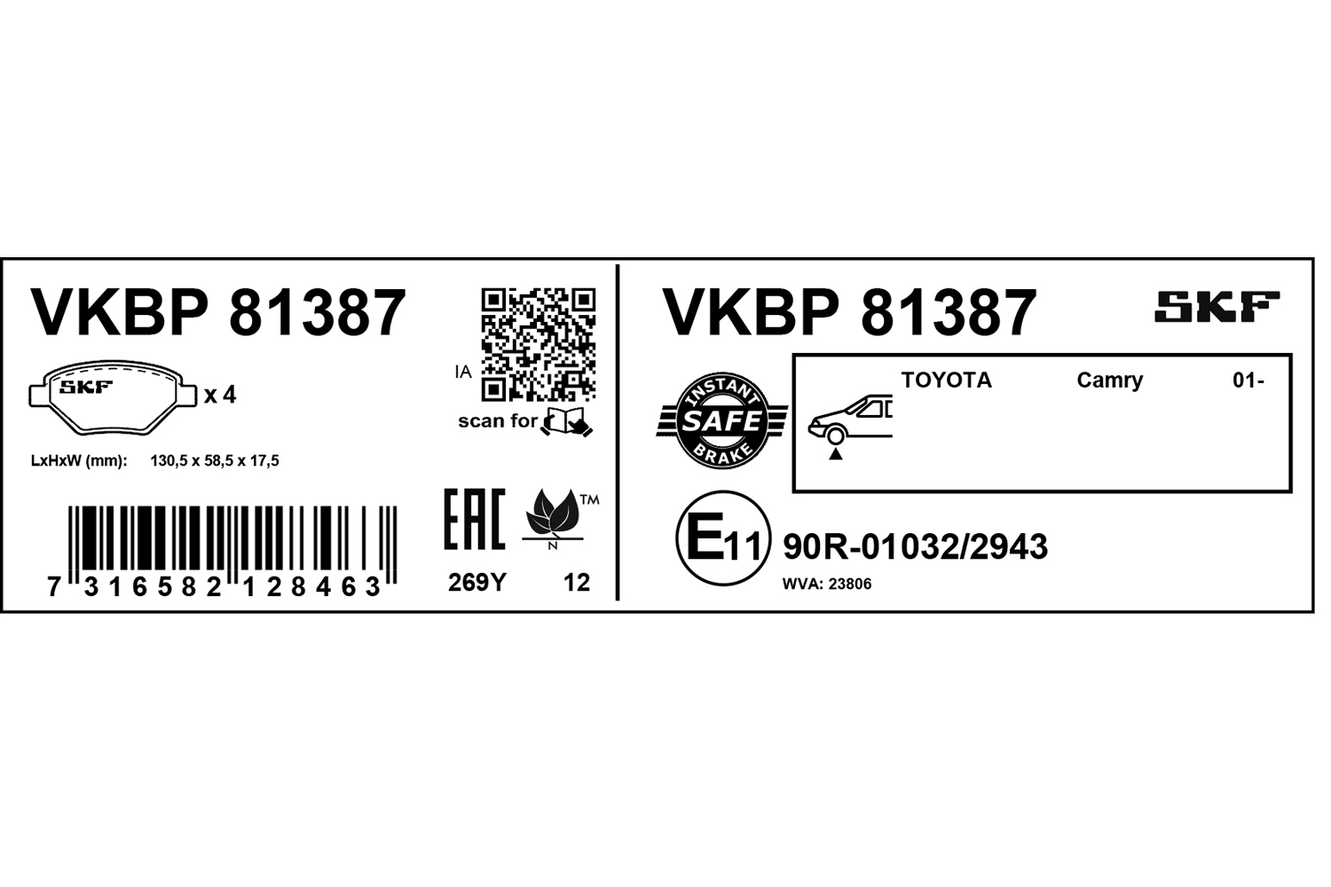 SKF Bremseklodser vkbp81387 for TOYOTA