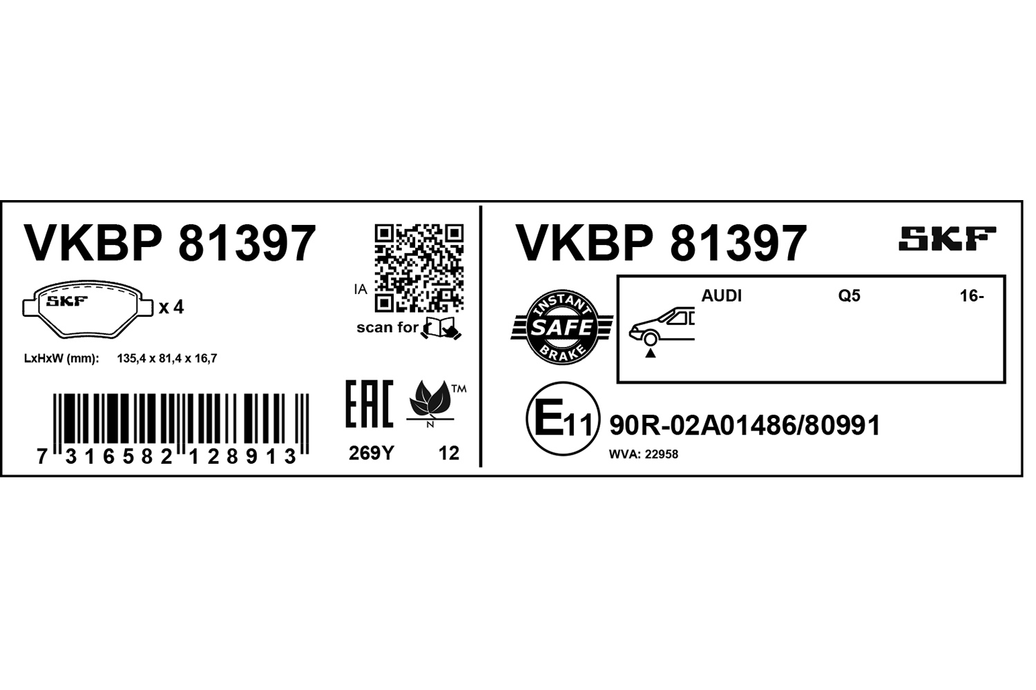 SKF Bremseklodser vkbp81397 for AUDI