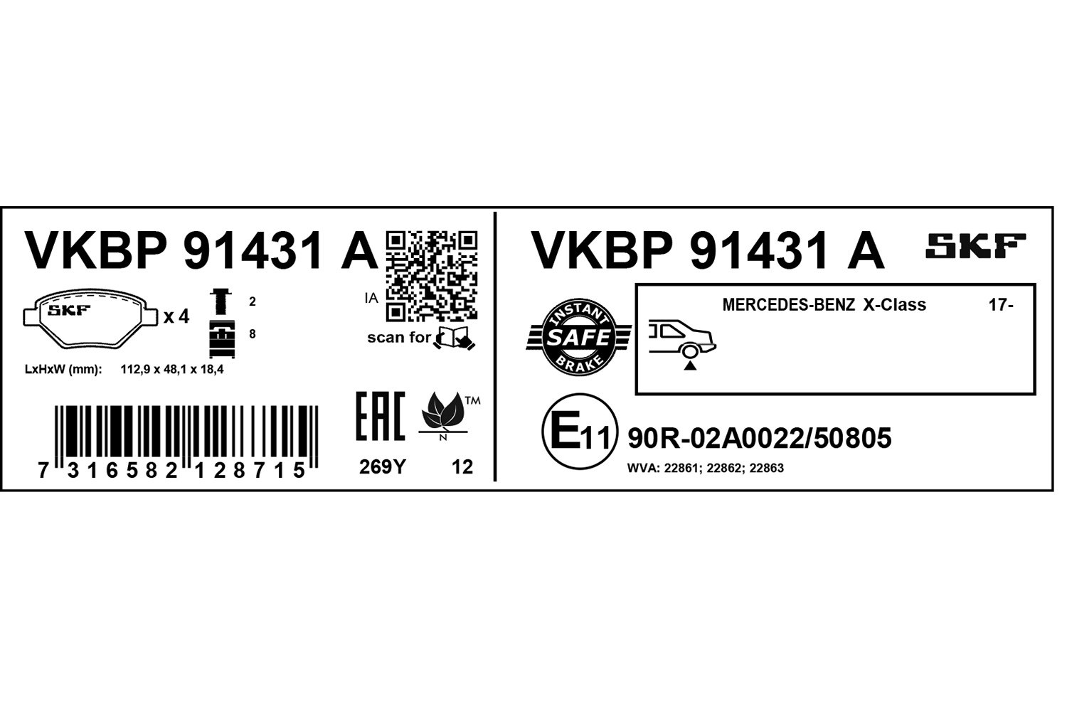 SKF Bremseklodser vkbp91431a for MERCEDES-BENZ NISSAN