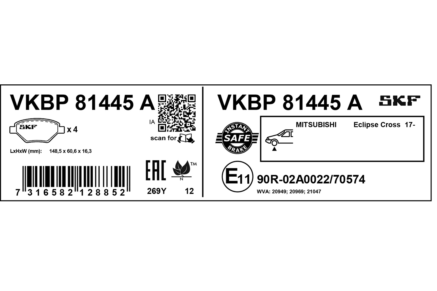 SKF Bremseklodser vkbp81445a for MITSUBISHI