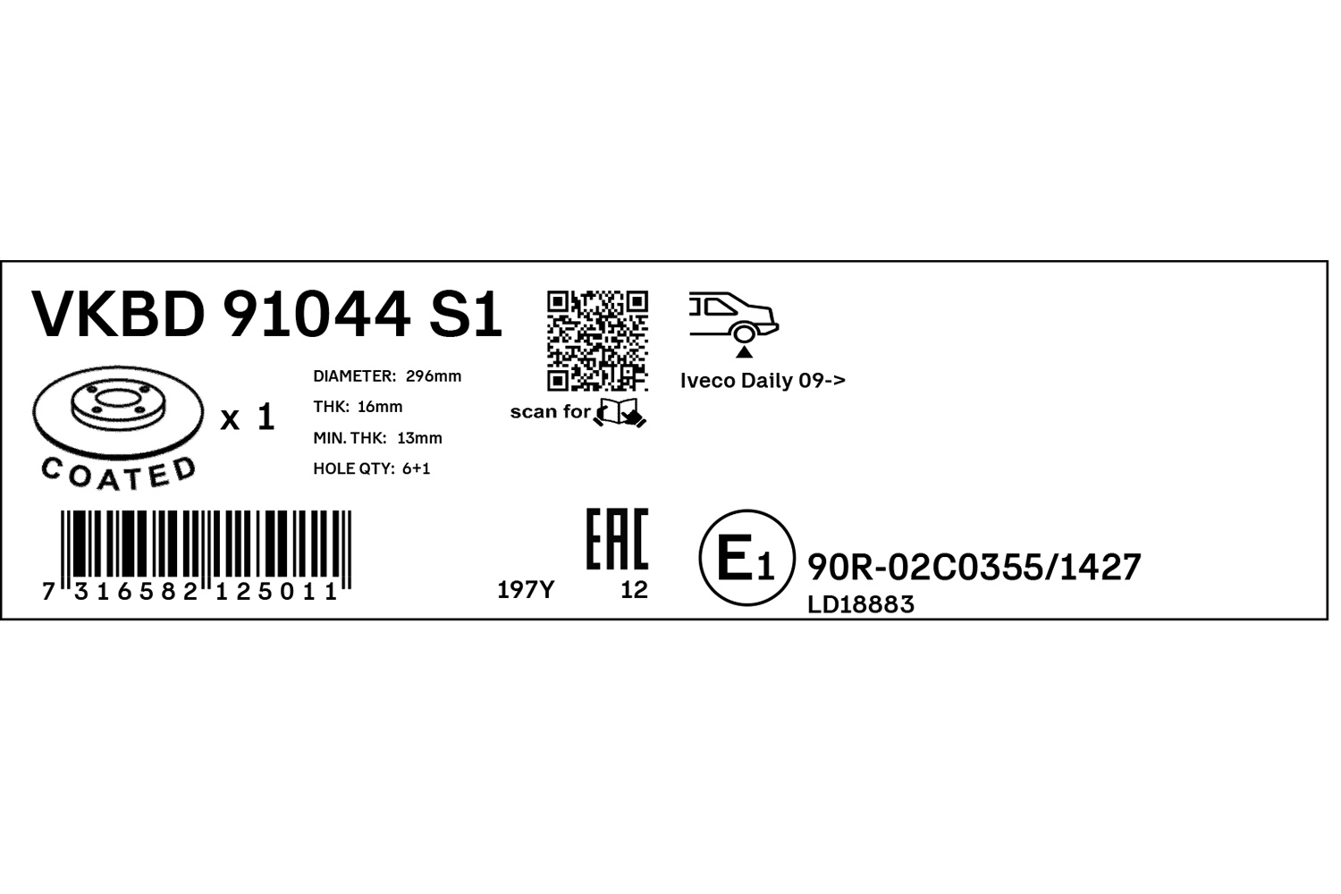 SKF Bremseskive vkbd91044s1 296mm 16mm for IVECO