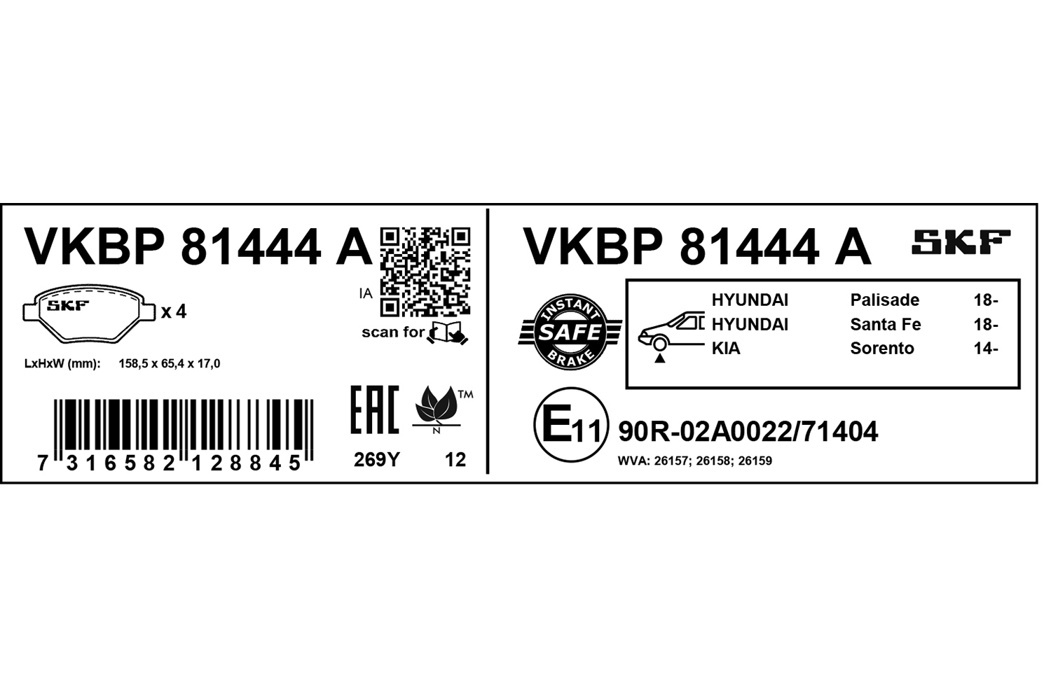 SKF Bremseklodser vkbp81444a for HYUNDAI KIA