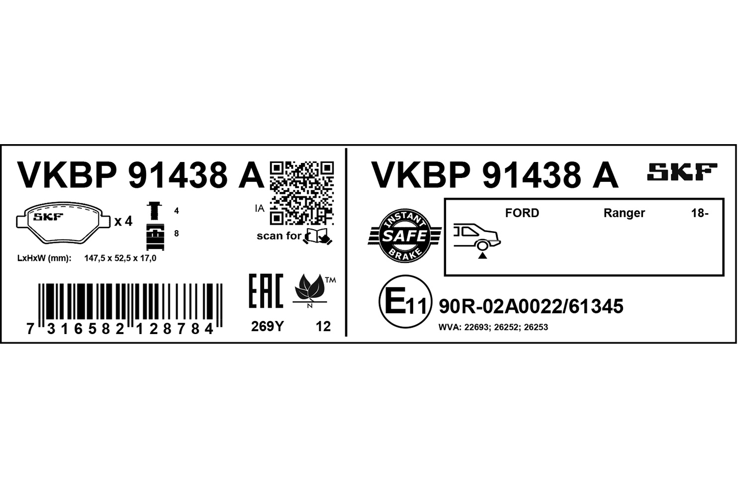 SKF Bremseklodser vkbp91438a for FORD FORD USA