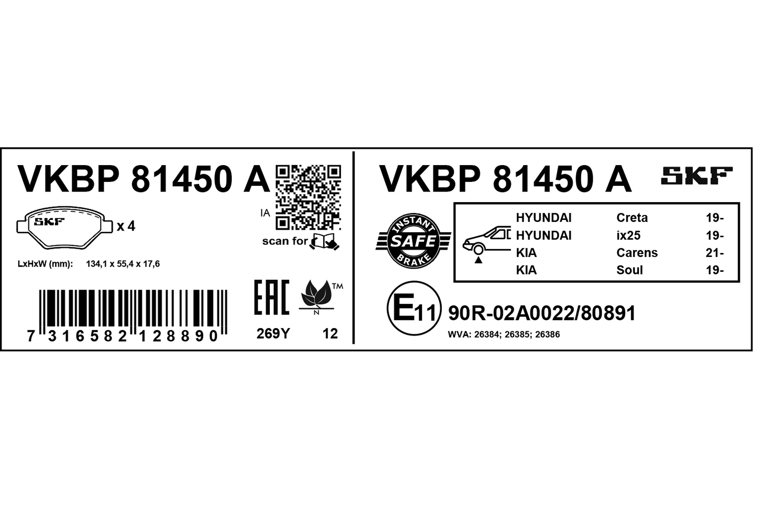 SKF Bremseklodser vkbp81450a for KIA