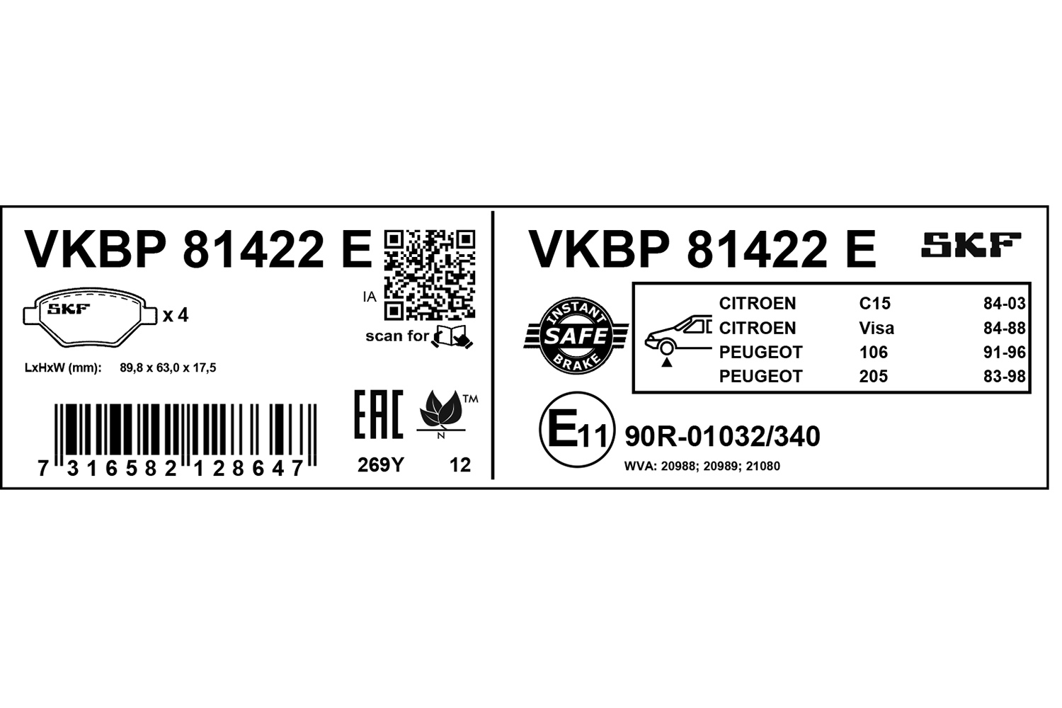 SKF Bremseklodser vkbp81422e for PEUGEOT CITROËN