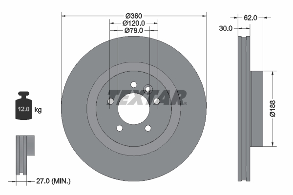 TEXTAR Bremseskive 92162005 360mm 30mm for LAND ROVER