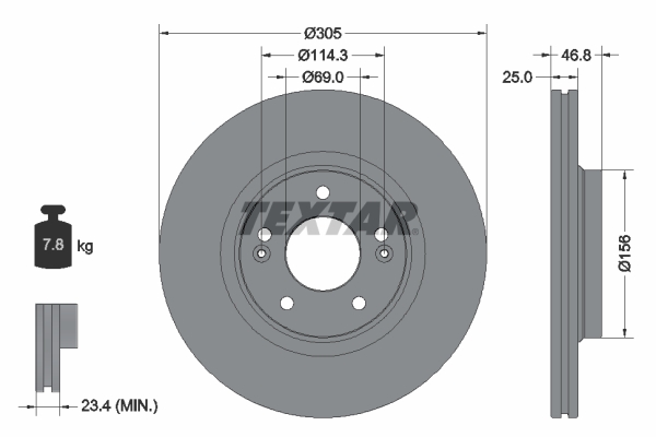 TEXTAR Bremseskive 92292205 305mm 25mm for KIA HYUNDAI