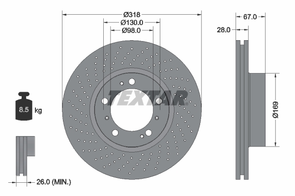 TEXTAR Bremseskive 92099905 perforeret 318mm 28mm for PORSCHE