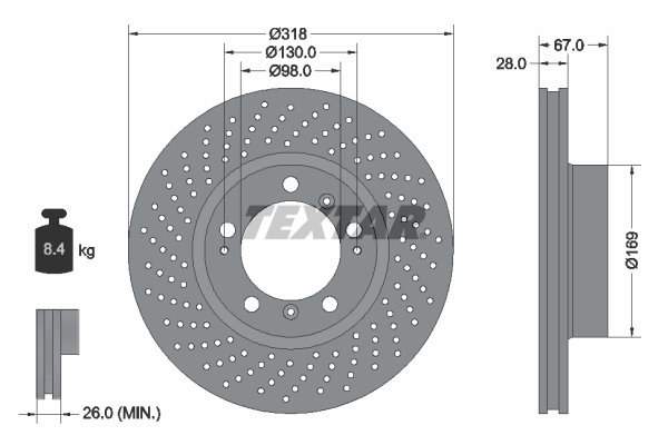 TEXTAR Bremseskive 92100005 perforeret 318mm 28mm for PORSCHE