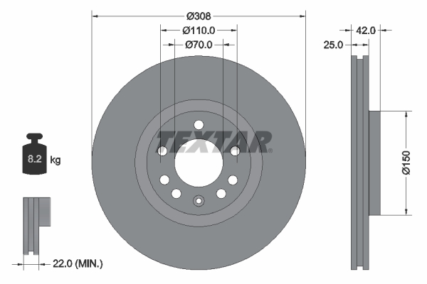 TEXTAR Bremseskive 92110905 308mm 25mm for OPEL SAAB VAUXHALL