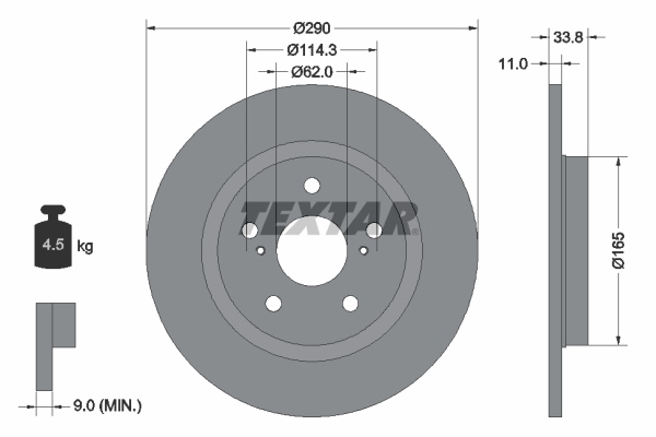 TEXTAR Bremseskive 92195203 290mm 11mm for TOYOTA